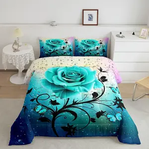 Teal Rose Super Soft Microfiber Designer Comforter Set,Butterfly Luxury Bedding Set,Omber Water Comforter,Romantic Floral Bedroom Home Decor Quilt Set