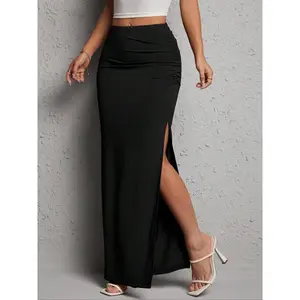 Women's Solid Color Slit Hem Skirt, Elegant Fashion Casual Long Skirt for Party Club Dating Wear, Ladies Bottoms for All Seasons