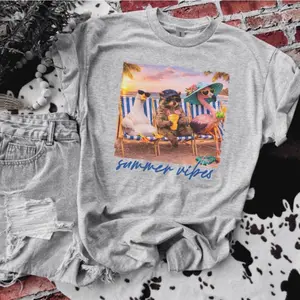 Summer Vibes Raccoon, Goose and Flamingo Bleached Shirt Comfy Unisex Jersey Top Casual Vintage Style Short Sleeve Crew Neck Medium Length