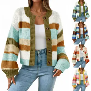 Kingapril Womens Striped Chunky Cardigan Sweaters Button Up Fall Trendy Color Block Long Sleeve Knit Sweater Coats