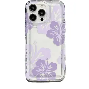 1pc Full Screen Light Purple Flower Pattern Transparent Air Cushion Phone Cas Protective Case Cover  Soft Case iphone17 15 14 13 12 11 pro max x xr xs xsmax 14plus 15plus 16pro 15pro 14promax 13 promax Flower pattern protective case soft shellphone case