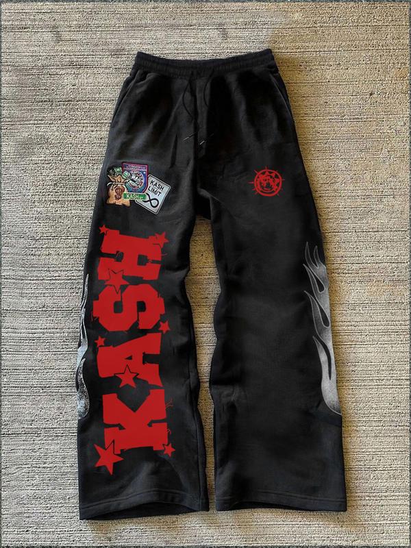 Trendy Black Fleece - lined Sweatpants with "KASH" Lettering, Star and Flame Graphics, Ideal for Street - style and Hip - hop Wear, Trending on TikTok #Sweatpants #StreetFashion #TikTokTrend, Sports Casual Pants