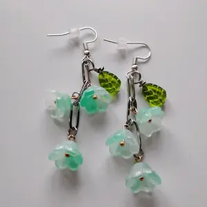 Teal Bell Flower, Pink Tulip Earrings Mother's Day Spring Gift Glass Bead French Hooks Nickel-Free