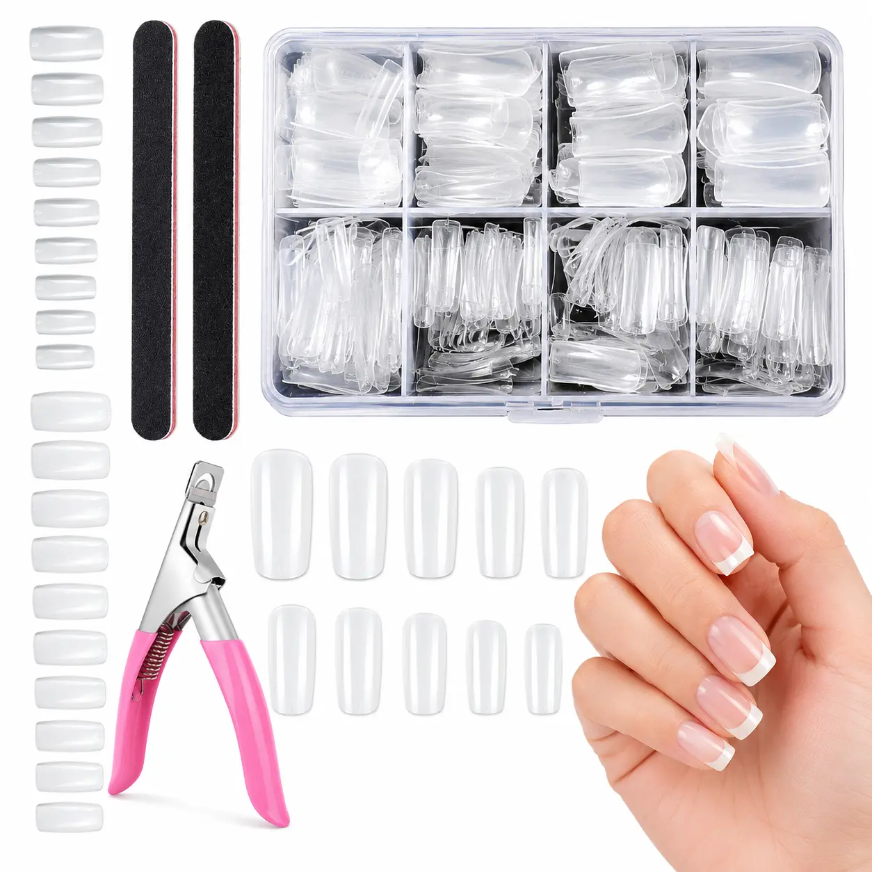 1000PCS Clear & Natural Square Acrylic Nail Tips, Short French False Nails Half Cover Full Set 10 Sizes with Storage Box, Professional Manicure Kit for Salon Home DIY