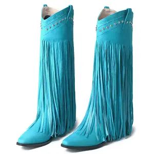 Women's Brown Wide Calf Western Cowboy Shoes - Chunky Heels, Fringe Detail, Tassels, Pointed Toe, Soft PU, Breathable, Anti-Slip Rubber Sole, Mid-Calf, Comfortable Daily Wear; Blue Option