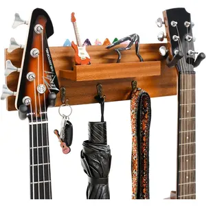 Guitar Wall Mount,Solid  Guitar Wall Hanger with 3 Storage Hooks and 2 Rotatable Rubber Guitar Hanger,Guitar Display Stand with Shelf and Pick Holder for  Size Guitar-Sapele  Color