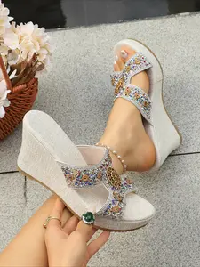 Party Sparkle Must-Have! Sequin & Rhinestone Wedge Slides, Linen Platform Height Increasing, Open Toe Mule Sandals