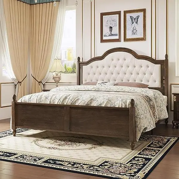 [Summerwins] [SummerFinds] AMERLIFE Queen Size Wood Bed Frame with Upholstered Headboard, Solid Wood Platform Bed with Linen Tufted, No Box Spring Needed, Easy Assembly, Walnut