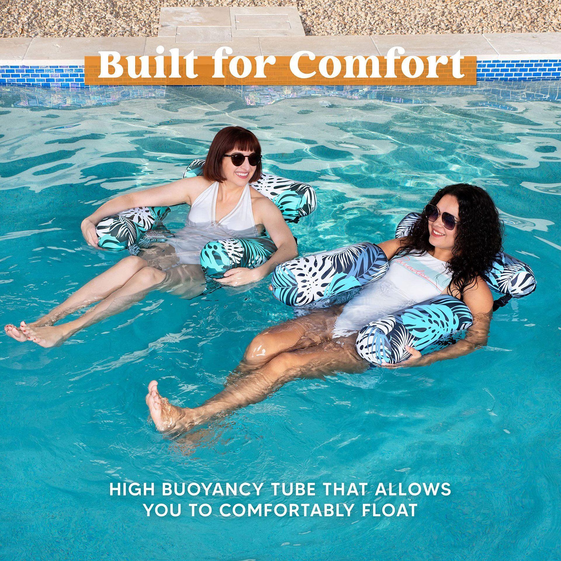 Tropical Print Water Hammock Pool Float Chair for Adults, Comfort Floating Lounger with Mesh Seat, Padded Headrest & Armrests, Foldable Pool Lake Beach Floating Seat for Summer Fun