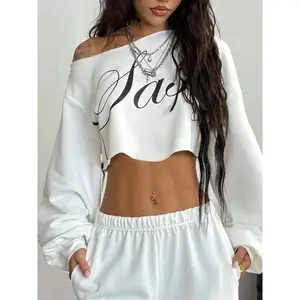 Women’s white cropped hoodie, a fashionable off-shoulder oversized top with a letter print, suitable for everyday casual wear and gatherings; a comfortable streetwear piece. GARMENTARY
