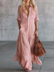 2026 Long Dress with Shirt Collar and Button Design, Fashionable Patchwork Pocket Detail, European and American Style Cross-Border Export