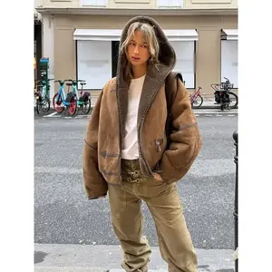 Hooded Leather Trimmed Fleece Lined Jacket Long Sleeve Toggle Closure 2025 Autumn Cool Women Coat Fashion Edgy Lady Outerwear