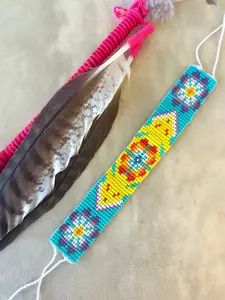 Venado y Peyote - Yellow, Blue & Purple Huichol Deer Loom Beadwork Bracelet