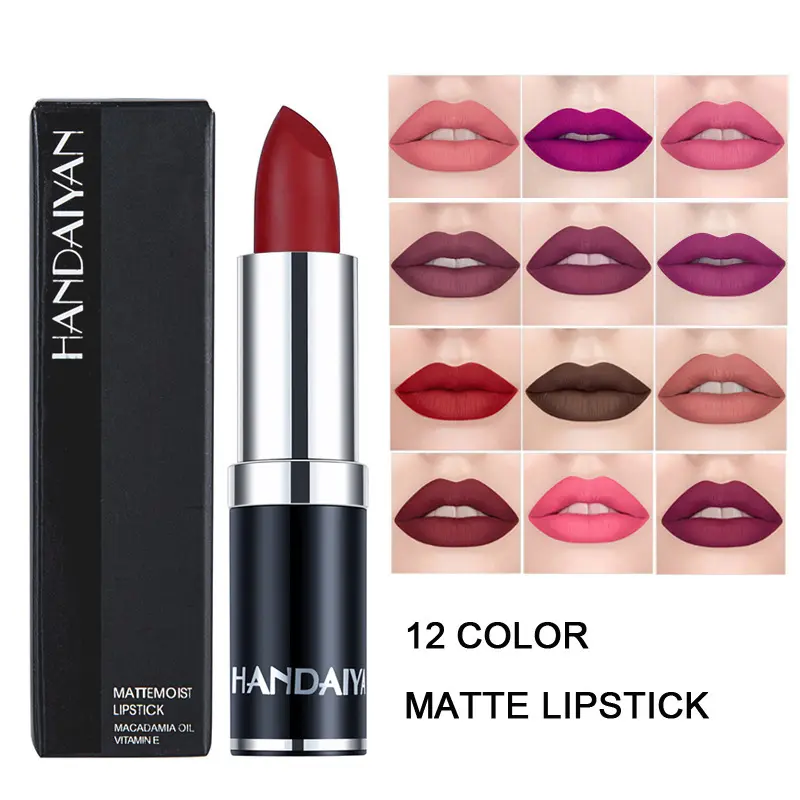 1PC HANDAIYAN 12 Color Matte Moist Lipstick Infused With Macadamia Oil And Vitamin E Long Lasting, Non Transfer, Waterproof, Hydrating Daily, Party, Festival Makeup