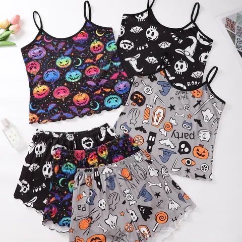 Halloween 6-Piece Sexy Cute All Seasons Lingerie Nightwear Pajama Set for Women, Fitted Sheer Lace Design, All-Season Comfortable Sleepwear Loungewear Collection Pjs Print