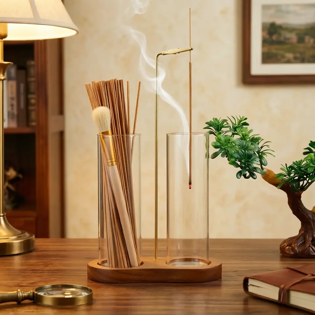 2 in 1 Incense & Candle Holder, 1 Count Wooden Base Aromatherapy Diffuser Incense Burner with Removable Glass Ash Collector, Woody Home Decor Ornament for Living Room Bedroom, Funny Gift, Scented, Aroma, Fragrance Perfume