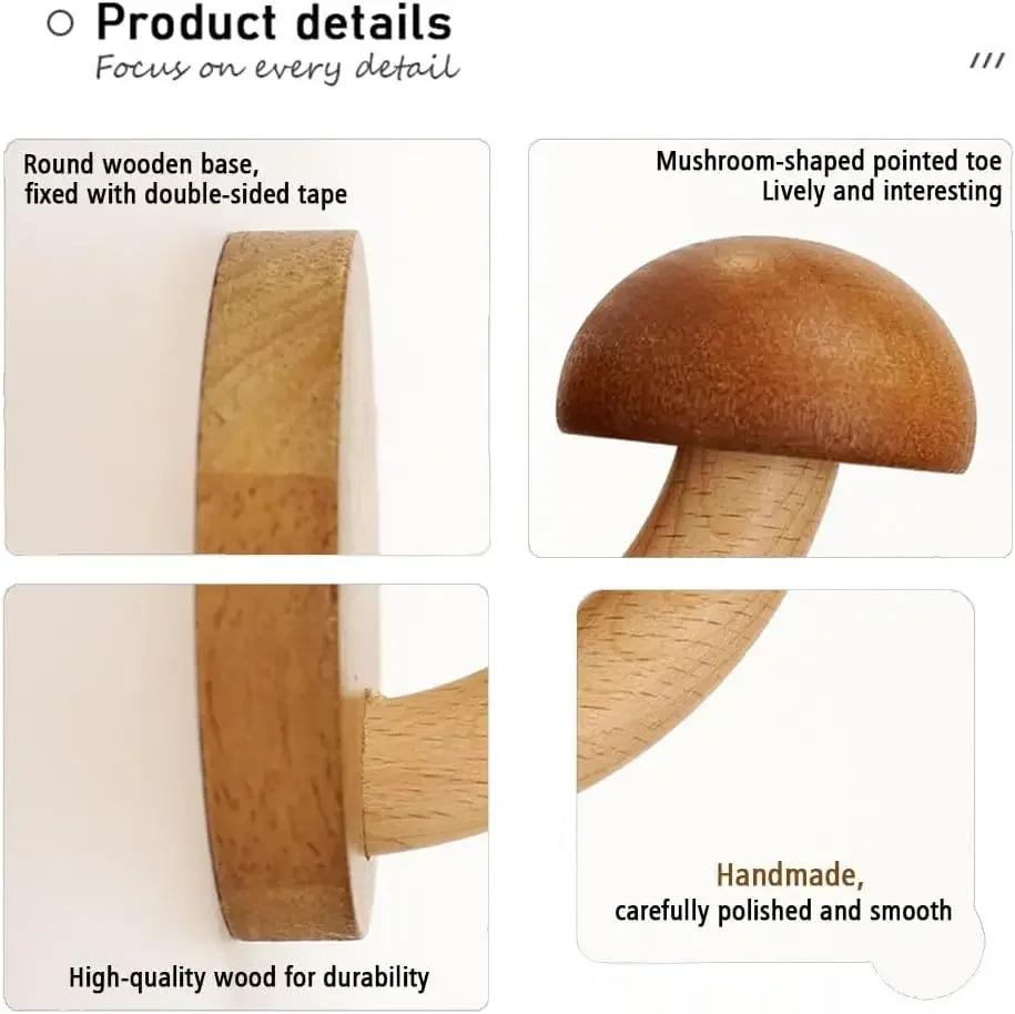 4PCS Wooden Mushroom Coat Hooks, Wall Mounted Towel Hanger, Solid Wood, Colorful, Set of Hooks with Screws (4 hooks & 8 screws)