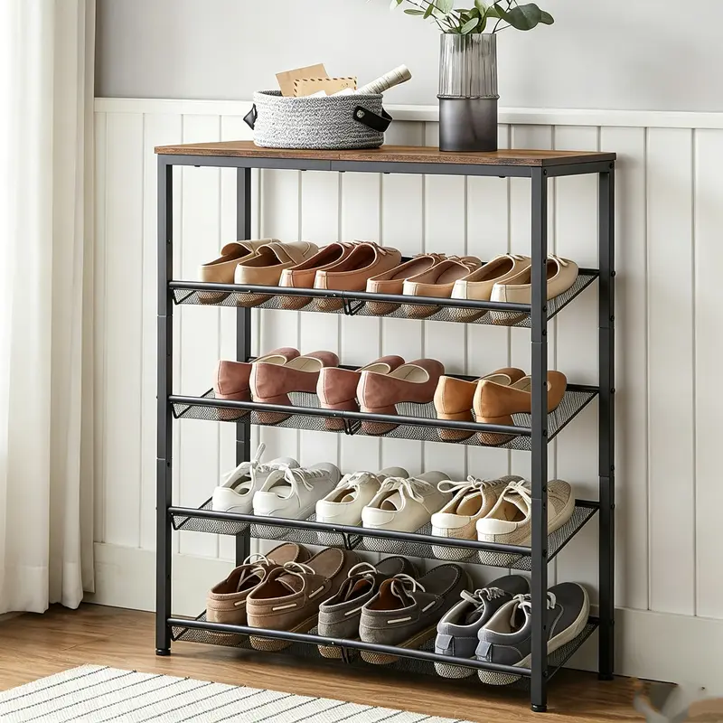 Sweetcrispy 5-Tier Metal Mesh Shoe Rack Organizer - Rustic-Industrial Indoor Furniture, Adjustable Flat/Angled Tiers, Steel Frame Floor-Mount Storage Organization Unit, Shoe Display Shelf, Holds 12-16 Pairs, Assembly Required