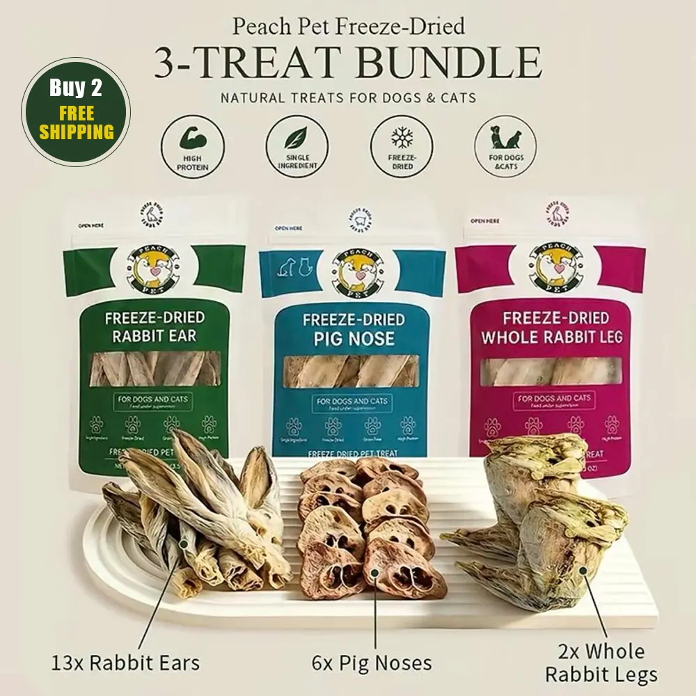 Peach Pet Freeze-Dried Chews for Dogs & Cats | Rabbit Ear, Rabbit Leg, Pig Nose or 3-Treat Bundle | 3.5oz Single Bag | All-Natural | High Protein backtoschool