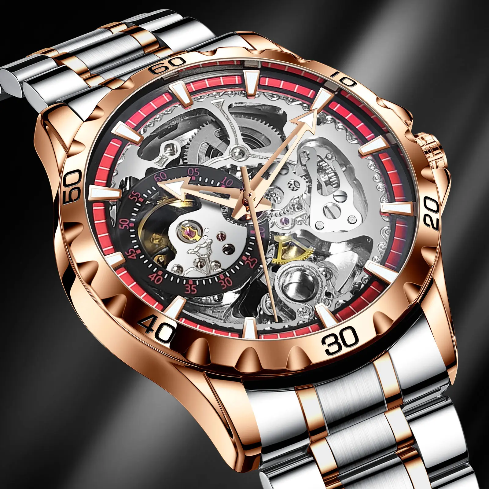 Luxury Skeleton Watch with Rose Gold and Silver Bracelet for Men