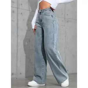 NewCasual Washed Straight Leg Jeans Pants Fit Womenswear Bottom Viscose Trouser Denim Comfort Streetwear Fabric Loose Minimalist Basic