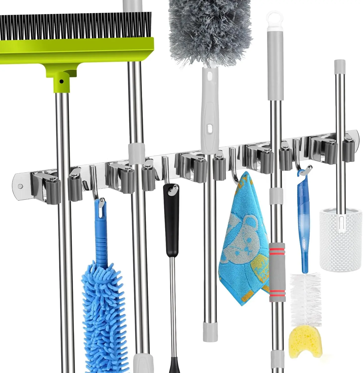 5 Racks and 4 Hooks Mop and Broom Holder Wall Mount, Self Adhesive Heavy Duty Broom Hanger Organizer Storage Tool Racks for Kitchen Garden Laundry Garage