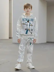 Boys' Fashion Long Sleeve Hooded Sweatshirt Set, Youth Kits, Sweatpants, Casual 3D Printed Athletic Sports Wear, Spring Fall Winter Outdoor Clothing, Football Home Game