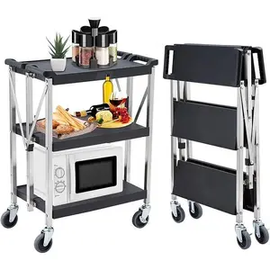 【GARVEE】3 Tier Folding Utility Service Cart, 56lb/Tier 360 Swivel Collapsible Cart with Wheels, Folding Cart with Wheels Collapsible, Service Cart for Tool, Cleaning, Bar, Garage, Kitchen, Office Grey