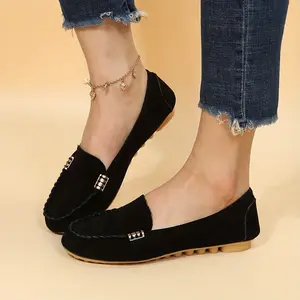 Women's Gray Suede Moccasin Loafers with Braided Stitch Detail Gold Metal Accents Textured Rubber Sole Lightweight Daily Outing Casual Comfort Shoes,summervibes