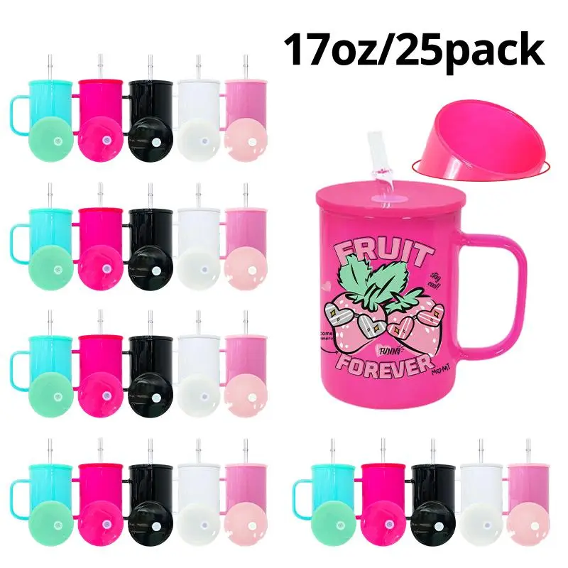 25-Pack 17oz Modern Sublimation-Ready Color Glass Mugs (Sublimation Cup), Reusable Washable Kitchenware Drinkware Set with Handle, Lid & Straw, USA Warehouse Wholesale for Iced Coffee, Beer,summerwins