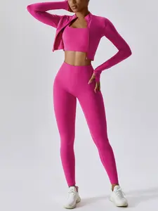 Three-piece Set Women's Criss Cross Crop Tank Top & High Waist Leggings & Zip Up Crop Jacket Tracksuits Set, Breathable Comfy Outfits for Yoga Gym Workout Running,  Athletic Wear, Yoga Pants, Ladies Sportswear for All Seasons Fall Outfits