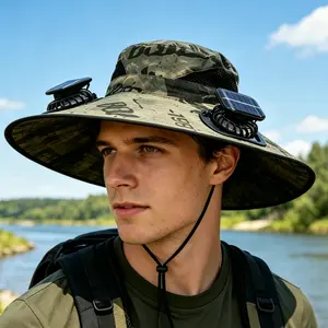 Unisex Dual Solar Fan Cooling Hat for Adults, Wide Brim Lightweight Breathable Mesh Bucket Hat, Built-in Solar-Powered Fans, Adjustable Windproof Chin Strap, Ideal for Fishing, Hiking, Gardening