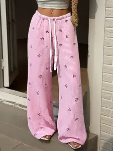 Women's Striped Bow Sleep Pants, Comfortable Ladies' Pajamas, Perfect Gift, Casual Fitted Style, Home & Outdoor Wear, Multiple Colors Available