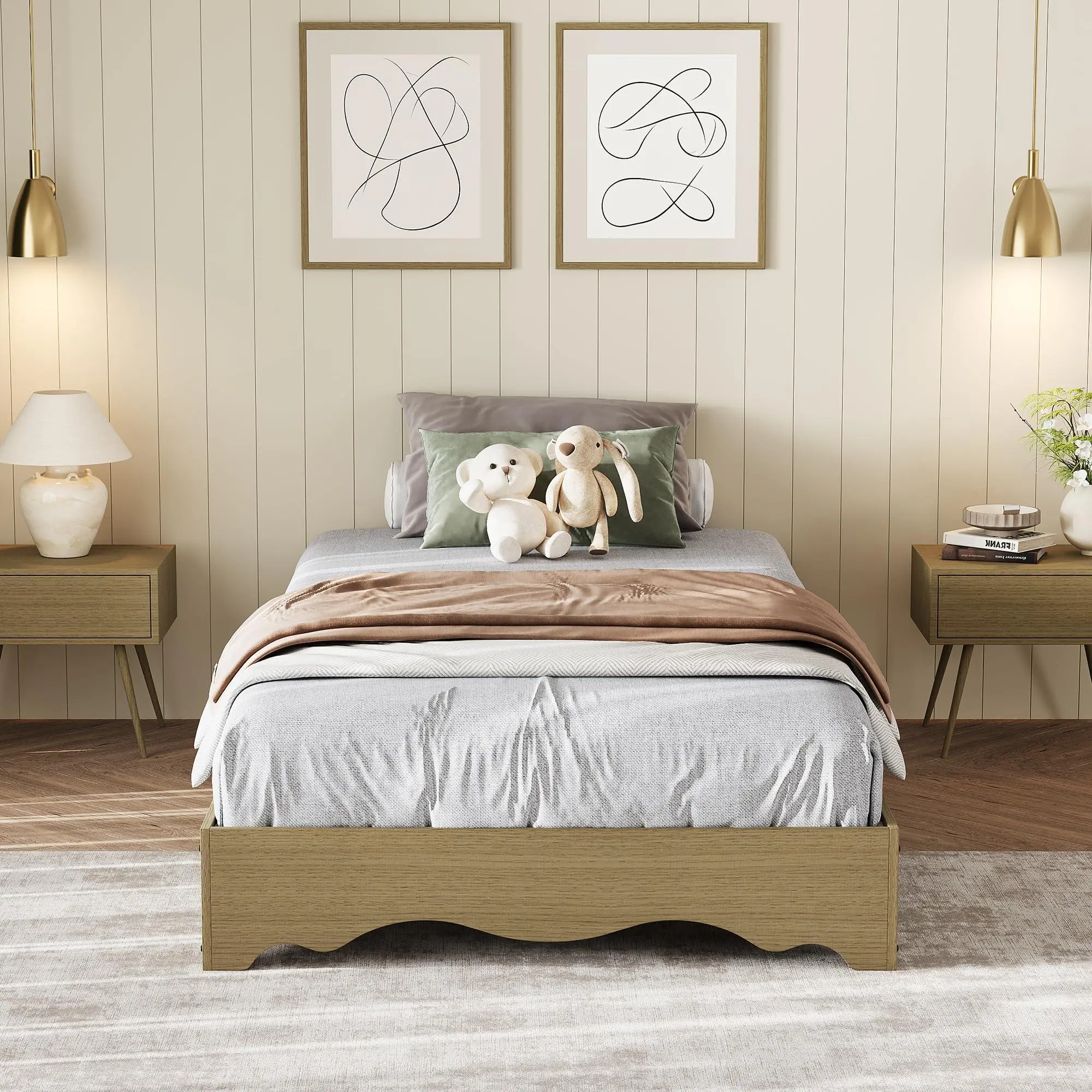Twin Size Wood Platform Bed Frame, Low Profile Bed with Wavy Wood Design, Minimalist Bed Base Without Headboard, Noise-Free Support, No Box Spring Needed