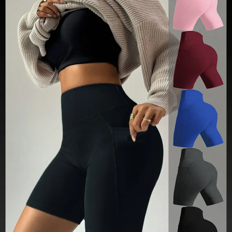 5pcs plus size high-waist pocket yoga shorts, comfortable and breathable, suitable for sports fitness, sports slim style Seamless Yoga Running Shorts for Women -  Active Lifestyle, Moisture-Wicking Comfort  Exercise shorts women Workout