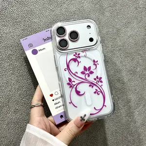Purple Floral Magnetic Phone Case with Wireless Charging Support, compatible with iPhone 17-13 Pro Max/Plus/Air series. Crafted from silicone and transparent acrylic, it offers drop protection and anti-slip grip. Phone17ProMaxCase/17ProCase /16ProMaxCase.