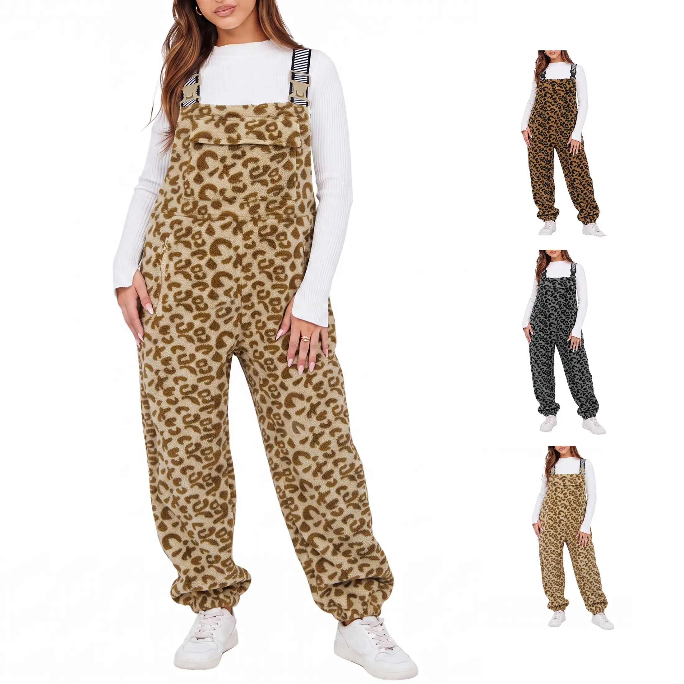 Molitree Women's Leopard Print Sherpa Fleece Overalls Cozy Winter Bib Pants Loose Fit Jumpsuit with Pockets Casual
