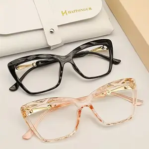 medium-large Cat Eye Square Eyeglasses Frame for Women, Faceted Thick Rim, Gold Metal Temple Detail, Chic Statement Fashion Glasses for Office & Daily Wear, Black or Clear Pink
