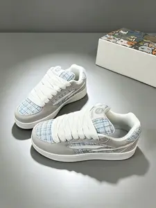 New Four Seasons Blue Plaid Thick Sole Board Shoes, Couples' Casual Sports Shoes, Anti-Slip Soft Bottom, Unisex Fashion Canvas Shoes