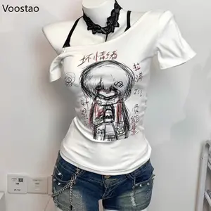 Aesthetic Retro T-Shirt Shorts 2 Piece Set Women Gothic Print Short Sleeve Tee Tops Denim Shorts Japanese Girls Suits 2000s