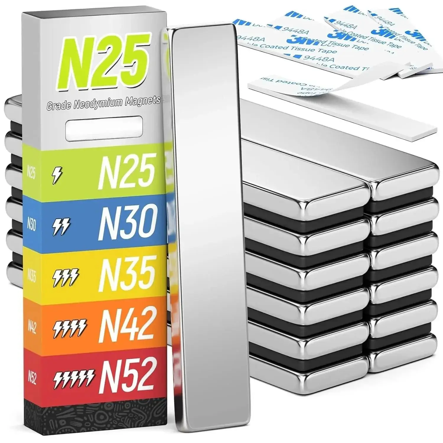12Pack Rare Earth Neodymium Magnets, Strong Heavy Duty Bar Magnets with Double-Sided Adhesive, Powerful for Fridge, Garage, Kitchen - 60x10x3mm (N25)