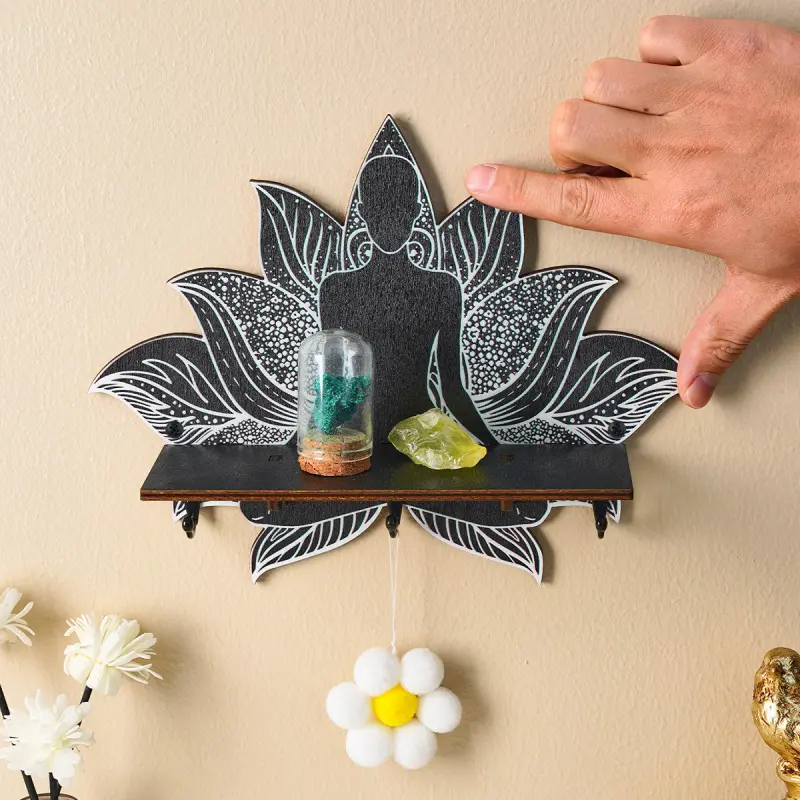 Lotus-shaped home decor shelf with wooden panels and iron hooks designed for storing small items