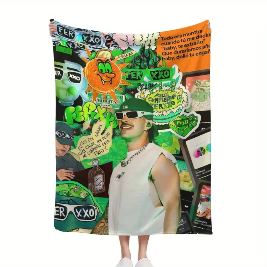 Ferxxo Feid Singer Graphic Flannel Throw, Bright Multicolor Prints, Machine Washable Durable Fabric with Year-round Warmth, Available in 3040, 4050, 5060, 6080 Sizes, Great Fan Gift for Sofa, Camping & Travel