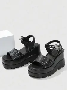 Women's Spider Web Graphic Open Toe Platform Sandals, Grommet Eyelet Design Buckle Sandals for Summer, Lightweight Comfortable Shoes for Daily Wear, Students and Outdoor