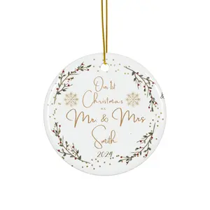 Custom First Christmas Engaged Ceramic Ornament, Personalized Holiday Engagement Gift, Wedding Couple Keepsake Decor, Xmas Tree Ornament,