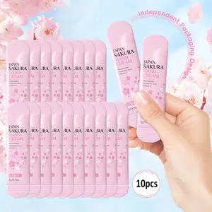 10-pack of Japanese Cherry Blossom Hand Cream – Hypoallergenic formula, glycerin and vitamin C for moisturizing and hydrating – portable container, deep hydration, ideal for dry skin, perfect for holiday gifts.