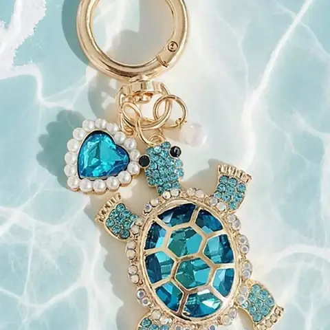 Ocean Blue Crystal Turtle Bag Charm Pendants, Pearl Heart & Turtle Bag Chain Charms, Marine Style Bag Decoration Keychain, Bag Pendant for Backpack Purse, Purse Accessories Charm, Cute Purse Charms