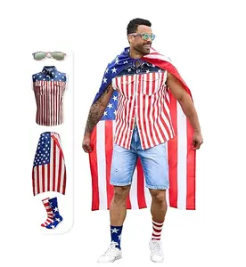 Yuanbang American Flag Mens Denim Vest,4th of July Cape,USA Sunglasses,Patriotic Socks,4 Pcs Set, Menswear Holiday Striped Clothes Costumes