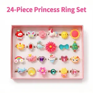 Little Girl Jewel Rings in Box, Adjustable, No Duplication, Girl Pretend Play and Dress Up Rings (24 Lovely Ring)