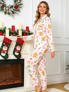 【clearance sale】 Pajamas for Women - Long Sleeve Button Down with Santa Claus and Snowman Design, Fitted Style, Perfect for Holiday Wear